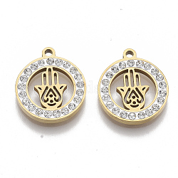 201 Stainless Steel Pendants, with Polymer Clay Crystal Rhinestone, for Religion, Flat Round with Hamsa Hand/Hand of Fatima/Hand of Miriam, Golden, 17x15x2mm, Hole: 1.6mm