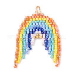 Miyuki-Glasperlen, Webstuhl Muster, mit Messing-Befund, Regenbogenanhänger, Farbig, 37x25x2 mm, Bohrung: 3x2 mm