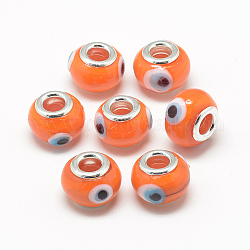 Handgemachte bösen Auge Bunte Malerei europäischen Perlen, mit Messing-Doppelkerne, Großloch perlen, Rondell, Platin Farbe, Koralle, 14~15x10~11 mm, Bohrung: 5 mm