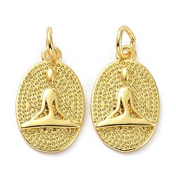 Brass Pendants, with Jump Ring, Long-Lasting Plated, Textured, Oval with Yoga Human, Real 18K Gold Plated, 16x10x2mm, Hole: 3mm