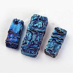 Galvanisierter natürlicher Dracheknochenstein große Anhänger, Rechtecksätze, in Blau Plattiert, 34~50x13~20x7~8 mm, Bohrung: 1~1.5 mm