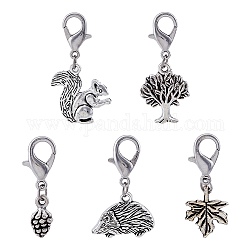 SUPERFINDINGS 10 Sets Autumn Alloy Pendants Decorations Set, Hedgehog & Tree & Leaf & Pine Cone & Squirrel Lobster Clasp Charms, Clip-on Charm, for Keychain, Purse, Backpack Ornament, Antique Silver, 33mm, 5pcs/set