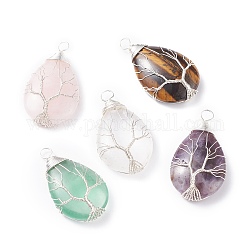 Natural Amethyst & Natural Tiger Eye & Natural Green Fluorite & Natural Rose Quartz & Natural Quartz Crystal  Pendants, with Silver Tone Copper Wire Wrapped Tree, Teardrop, 46x26x12mm, Hole: 5mm