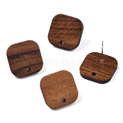 Fornituras de aretes de madera de nogal, con agujero y 304 pasador de acero inoxidable, cuadrado, Perú, 16x16mm, agujero: 1.8 mm, pin: 0.7 mm