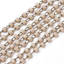 Handmade Glass Beaded Chains, Soldered, with Raw(Unplated) Nickel Free Brass Findings, with Spool, Beige, 1~2x0.9~1.5mm, about 32.8 Feet(10m)/roll