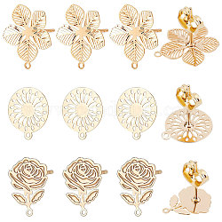 Beebeecraft 30Pcs 3 Style Flower Earring Findings 18K Gold Plated Earring Studs with Loop and 30Pcs Butterfly Ear Back for Mother's Day Women Girl Jewelry Making