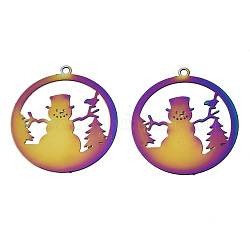 Christmas Ion Plating(IP) 201 Stainless Steel Filigree Pendants, Etched Metal Embellishments, Ring with Snowman, Rainbow Color, 22x20x0.3mm, Hole: 1.2mm