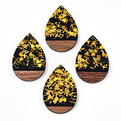 Opaque Resin & Walnut Wood Pendants, Teardrop Charms with Paillettes, Black, 36.5x24.5x3mm, Hole: 2mm