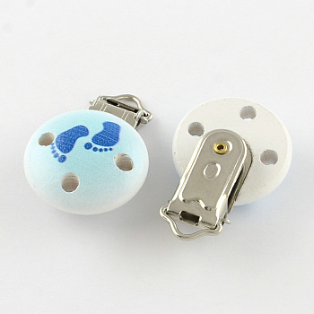 Flat Round Printed Wooden Baby Pacifier Holder Clip with Iron Clasp WOOD-R251-11A