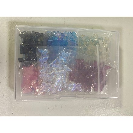 ツートン透明スプレー塗装ガラスチャーム  グリッターパウダー付き  蝶  ミックスカラー  9.5x11x3mm  穴：0.8mm  200個/箱 GLAA-BC0001-06-1