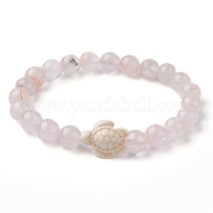 Bracciale elasticizzato da donna con perline rotonde in quarzo rosa naturale e perline turchesi sintetiche BJEW-JB09700-02-1