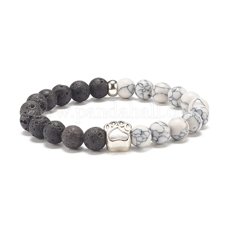 Bracelet extensible à perles rondes en howlite synthétique et pierre de lave naturelle avec empreinte de patte en alliage X-BJEW-JB07843-1