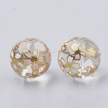 Perles de verre transparentes peintes de fleurs GLAA-Q071-01G-1