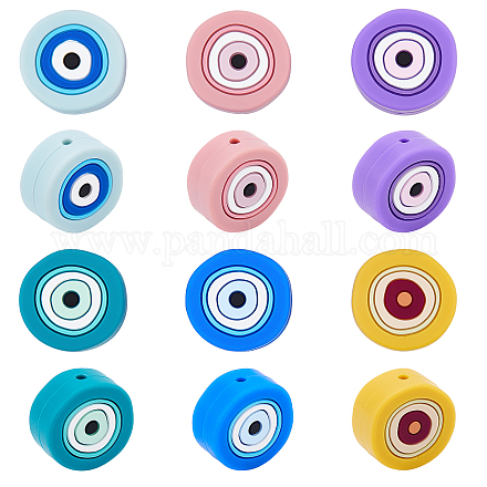 CHGCRAFT 12Pcs 6 Colors Silicone Evil Eye Beads Flat Round Evil Eye Beads DIY Jewelry Silicone Beads for Card Holder Ballpoint Pen Jewellery Craft Making SIL-CA0001-11-1