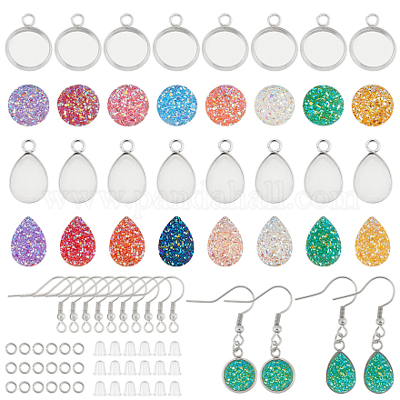CHGCRAFT 64sets Flat Round Teardrop Resin Cabochons Sparkling Drop Earrings Making Kit Cabochons Setting With 70pcs Earrings Wire 100pcs Hooks Ear Nuts 100pcs Jump Rings 10-12x3-9mm DIY-CA0003-61-1