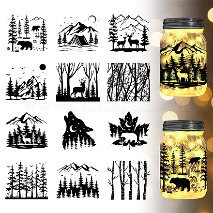 Globleland 12 pz animali della foresta silhouette vaso ritagli adesivi vetrofanie montagna annunci alberi plastica silhouette adesivi murali lampada si aggrappa decalcomanie adesivo in vetro decorazioni arte murale decorazioni per la casa AJEW-WH0345-0005-1