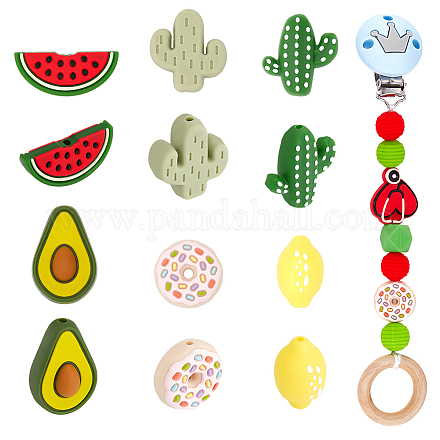 CHGCRAFT 12Pcs 6Styles Silicone Beads Cactus Watermelon Lemon Avocado Donut Summer Theme Silicone Bead for DIY Jewelry Necklace Keychain Bracelet Phone Case SIL-CA0001-32-1