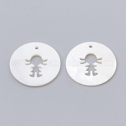 淡水シェルペンダント  女の子とフラットラウンド  乳白色  25x1.5~2mm  穴：1.5mm SHEL-N020-10-1