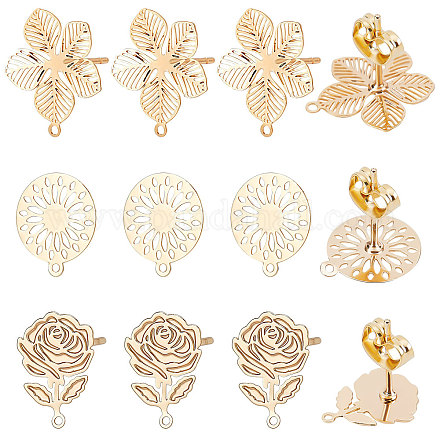 Beebeecraft 30Pcs 3 Style Flower Earring Findings 18K Gold Plated Earring Studs with Loop and 30Pcs Butterfly Ear Back for Mother's Day Women Girl Jewelry Making KK-BBC0003-29-1