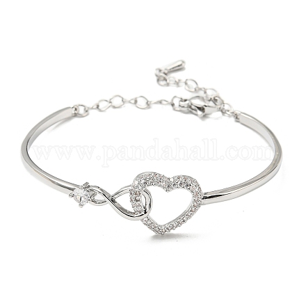 Bracelet manchette en laiton cœur infini avec zircone cubique transparente et chaînes de sécurité BJEW-L683-02P-1