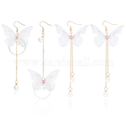 Anattasoul 2 Paar baumelnde Ohrringe im 2-Stil Stoff-Schmetterling mit Kunststoffperlen EJEW-AN0002-84-1