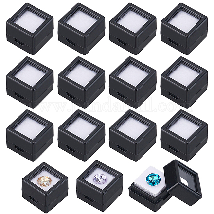 キューブプラスチックルースダイヤモンド収納ボックス  透明なアクリル窓と内側に白いスポンジが付いた宝石用ディスプレイケース  ブラック  2x2x1.6cm CON-WH0095-49C-1
