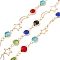 Handmade Eco-friendly Brass Moon & Star & Flat Round Link Chain, with Glass Beaded, Real 18K Gold Plated, Lead Free & Cadmium Free, Soldered, with Spool, Colorful, 10x6x1mm, 8x8x1mm, 13x6.5x2.5mm