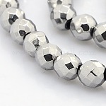 Faceted Round Non-magnetic Synthetic Hematite Beads Strands, Silver Plated, 6mm, Hole: 1mm, about 68pcs/strand, 14.5 inch