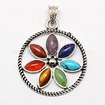 Vintage Chakra Jewelry Alloy Bezel Gemstone Pendants, Circle with Flower of Life/Sacred Geometry, Antique Silver, 46x40x4mm, Hole: 7x4mm