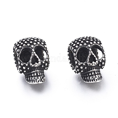 Halloween 304 Edelstahl europäische Perlen, Großloch perlen, Schädelkopf, Antik Silber Farbe, 16x10x11 mm, Bohrung: 6 mm