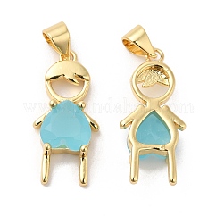 Pendente in ottone, con vetro azzurro, fascino del ragazzo, vero placcato oro 16k, 23x10x5mm, Foro: 4x3.5 mm