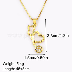 Colliers pendentifs en laiton pavés de zirconiums cubiques transparents en forme de cœur en forme de stéthoscope&nbsp;FS-WGFB55C-01