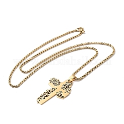 201 collane con ciondolo a croce in acciaio inossidabile con forma di rosa cava&nbsp;NJEW-H065-31G