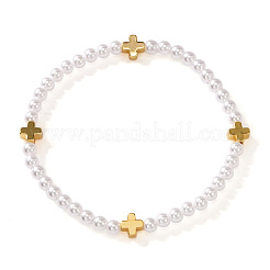 Sommerliche elastische Armbänder aus Messing mit Kreuz und runden Imitationsperlen für Damen&nbsp;NA3901