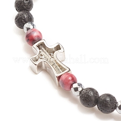 Bracciale elasticizzato con perline in pietre preziose naturali e sintetiche con croce in zirconi chiari da donna&nbsp;BJEW-JB08247