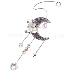Atrapasueños colgante de metal con forma de luna y virutas de amatista natural&nbsp;GG-CBAB970-03B