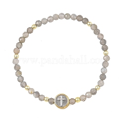 Bracelet extensible religieux en perles de labradorite naturelle avec perles plates rondes en laiton et perles en forme de croix&nbsp;BJEW-JB14360-01