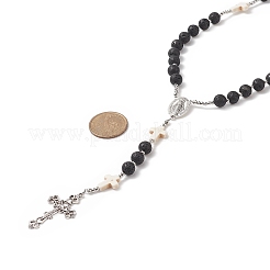 Halskette aus natürlichem Lavagestein und synthetischen türkisfarbenen Kreuz-Rosenkranzperlen&nbsp;NJEW-JN04202