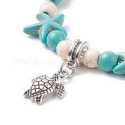 Legierungs-Schildkröten-Charme-Armband mit synthetischem türkisfarbenem (gefärbtem) Seestern-Perlenarmband für Frauen&nbsp;BJEW-TA00197