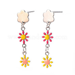 Lange baumelnde Ohrstecker mit Emaille-Blume&nbsp;EJEW-N049-04C
