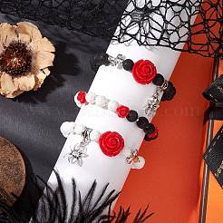 3 Stück Stretch-Armbänder aus natürlichem und synthetischem Lavastein mit Halloween-Motiv&nbsp;BJEW-MZ00185