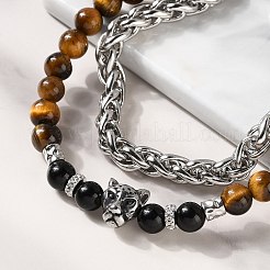 Weizenkette aus Edelstahl 304 und runde Doppelstrangarmbänder aus natürlichem Tigerauge und natürlichen Obsidianperlen&nbsp;BJEW-C119-02
