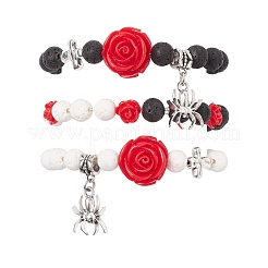 3 Stück Stretch-Armbänder aus natürlichem und synthetischem Lavastein mit Halloween-Motiv&nbsp;BJEW-MZ00185