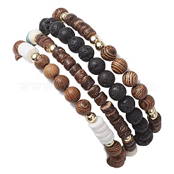 4 Stück 4 Stile Holz & natürliche Lavastein runde Perlen Stretch-Armband-Sets&nbsp;BJEW-JB10811