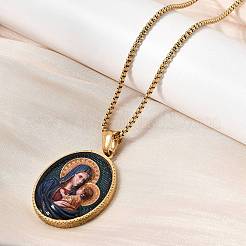 Collier unisexe religieux avec pendentif ovale en acier inoxydable 304 émaillé et chaîne à maillons&nbsp;STAS-H258-02G-01