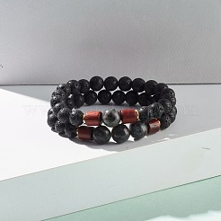 Ensemble de bracelets extensibles en larvikite noire naturelle&nbsp;BJEW-JB07499