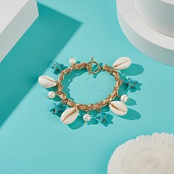 Conchiglia naturale e perla di conchiglia e bracciale con ciondolo a forma di stella marina sintetica&nbsp;BJEW-TA00201