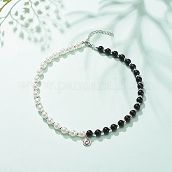 Halskette mit Yin-Yang-Anhänger aus Legierung und Kunstperlen aus Kunststoff für Damen&nbsp;NJEW-JN03914