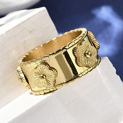 Anillos de dedo anchos con flores de acero inoxidable 304 para mujer&nbsp;RJEW-A060-02G