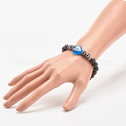 Bracciale elasticizzato in pietra lavica naturale ed ematite sintetica&nbsp;BJEW-JB08323-01